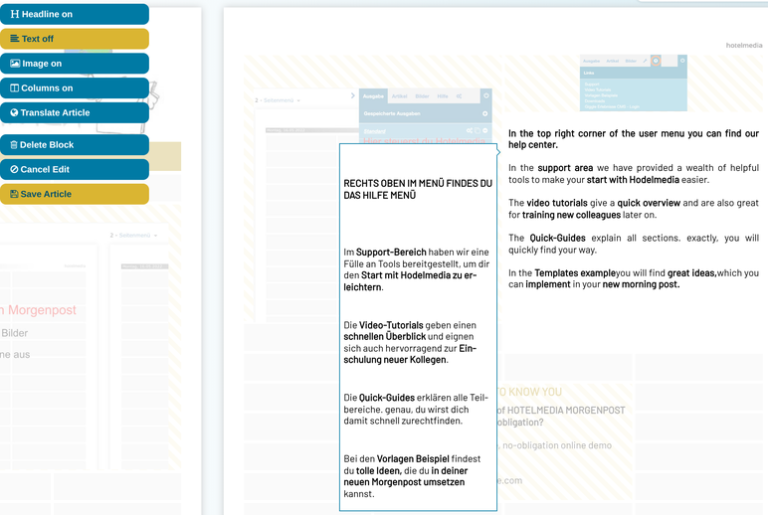 Editing an article in the translation: article menu with Translate Article and the text in the original language