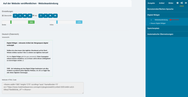 Digital Widget: Auf der Website veröffentlichen mit Voransicht und Website HTML Code
