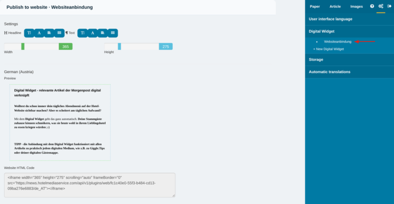 Digital Widget: Publish to website with preview and website HTML code