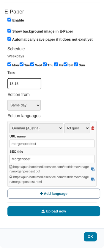 E-Paper settings: schedule, edition from, edition languages, Upload now