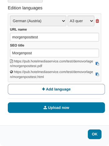 Edition languages: language, format, URL name, SEO title and the E-Paper links