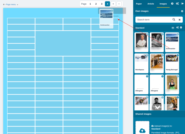 Drag a background image from the Images section onto a page