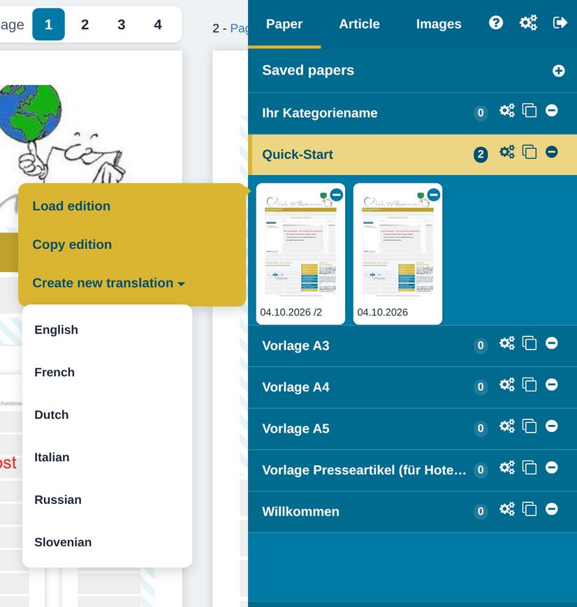Menu of a saved edition: Load edition, Copy edition, Create new translation